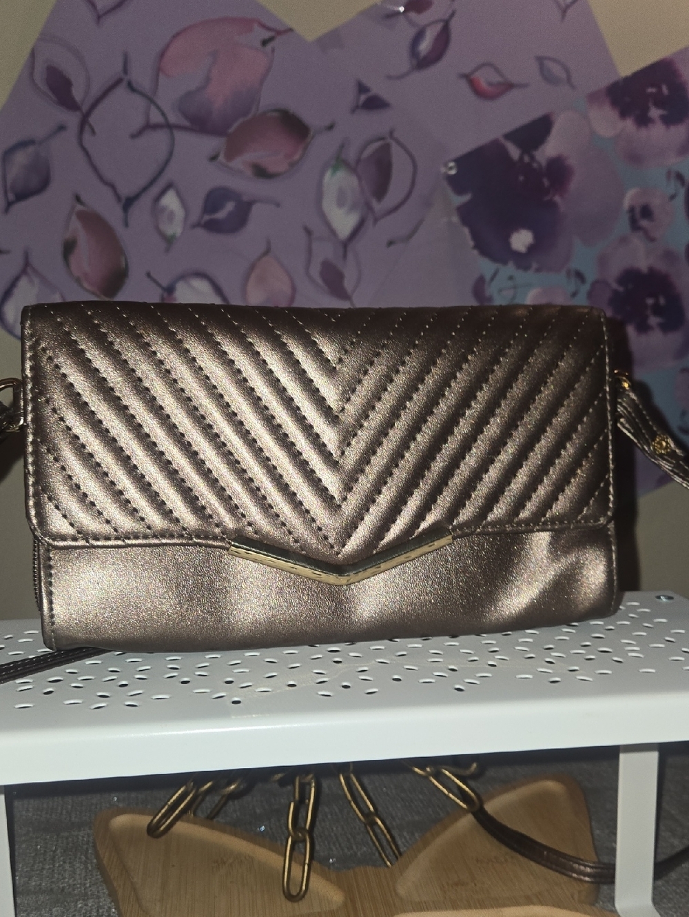 Metallic Bronze Chevron Crossbody Bag - Women's Shoulder Purse